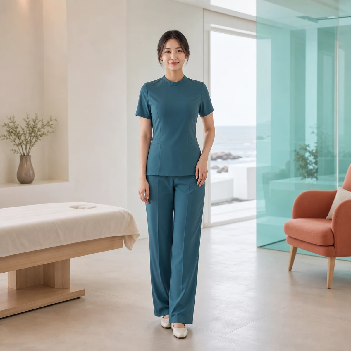 청록색 전문복을 단정하게 착용한 20대 한국인 여성 마사지사
